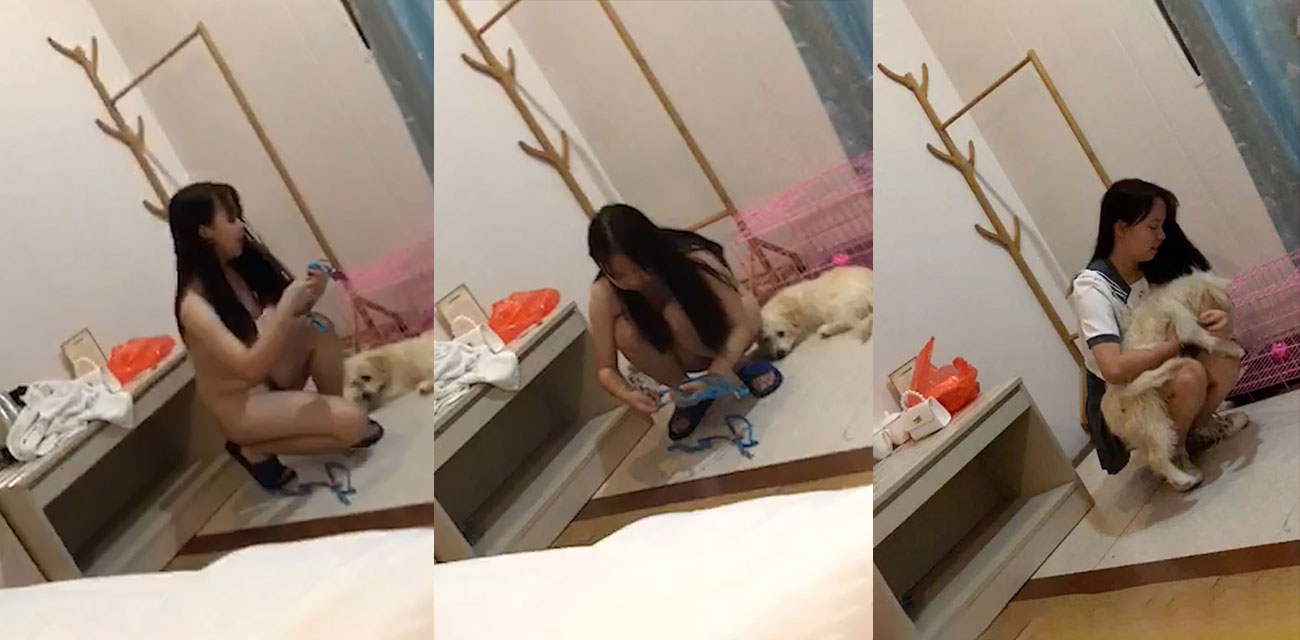 刚认识的爱狗小姐姐 穿着学生妹JK装 带宠物狗狗来约炮！卖力口交只为满足性瘾 多毛淫穴召唤男人狠狠操她！